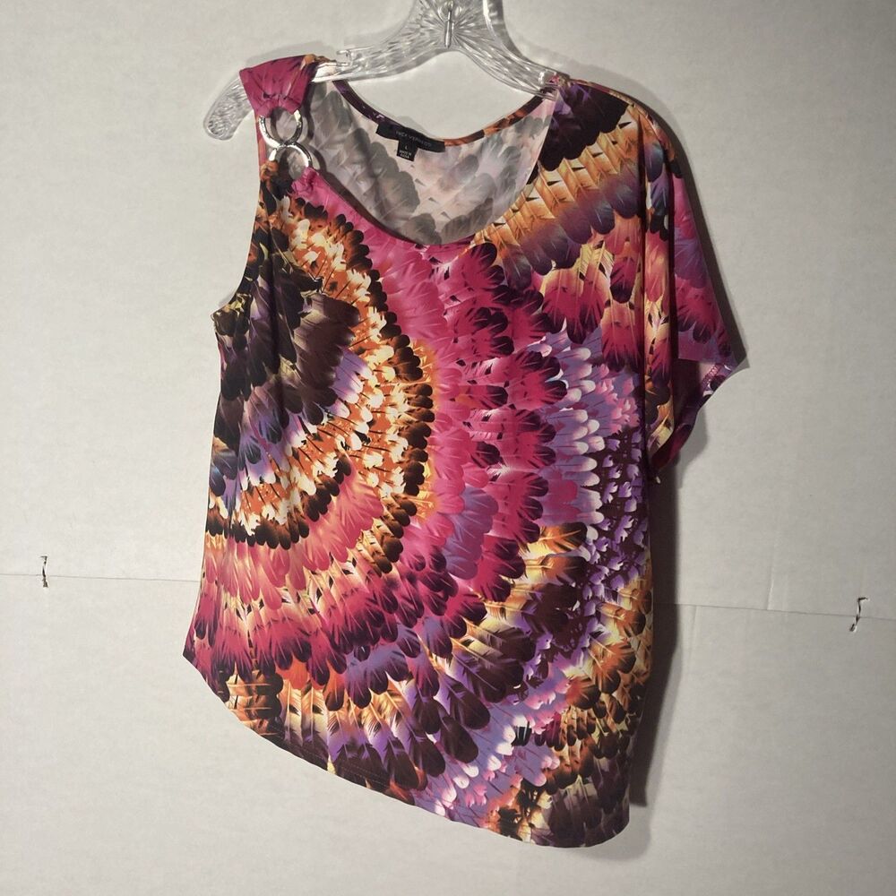 NV NICK VERREOS multicolor artsy feather print one sleeve stretchy top L